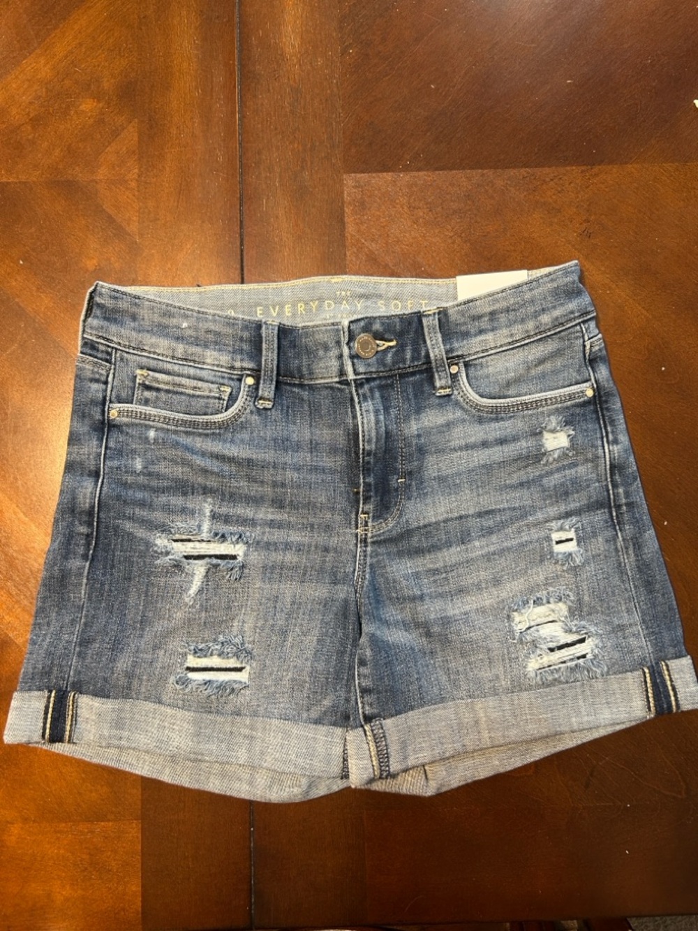 White House Black Market Medium Wash Distressed Rolled Hem Jean Shorts - Blue